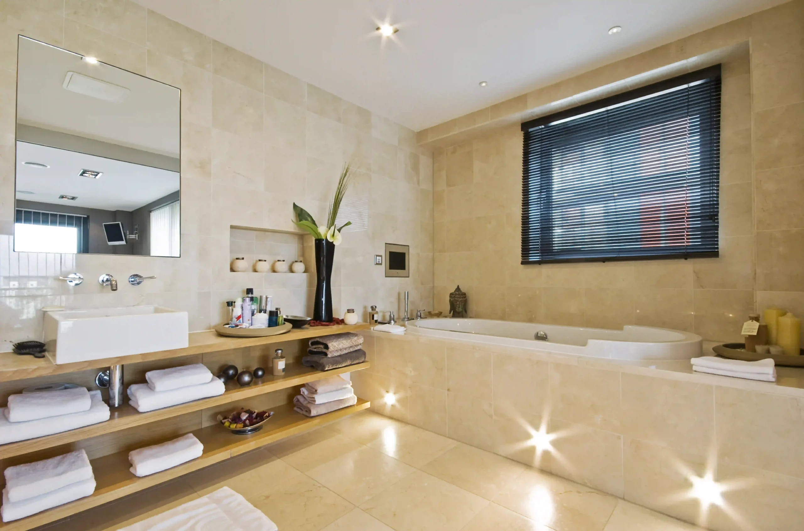 Luxurious bathroom with elegant design and soft lighting.
