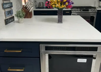 A sleek contemporary bathroom vanity with a mirror and double sinks.